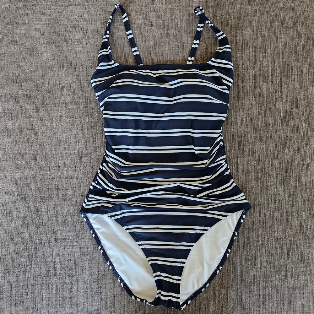 NWT Nautica Womens Blue & White Standard Crossback One Piece Swimsuit Size Large